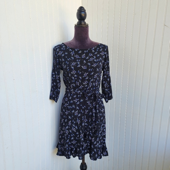 Gap Black Blue Floral Print Faux Wrap 3/4 Sleeve Ladies Dress Ruffle Petite XS - Picture 1 of 14